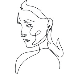 One line woman portrait. Hand drawn abstract face.  Minimal art. Trendy style. 