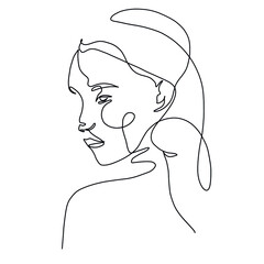 One line woman portrait. Hand drawn abstract face.  Minimal art. Trendy style. 