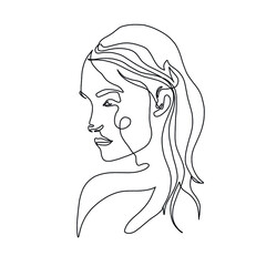 One line woman portrait. Hand drawn abstract face.  Minimal art. Trendy style. 