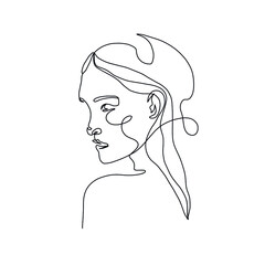 One line woman portrait. Hand drawn abstract face.  Minimal art. Trendy style. 