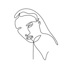 One line woman portrait. Hand drawn abstract face.  Minimal art. Trendy style. 