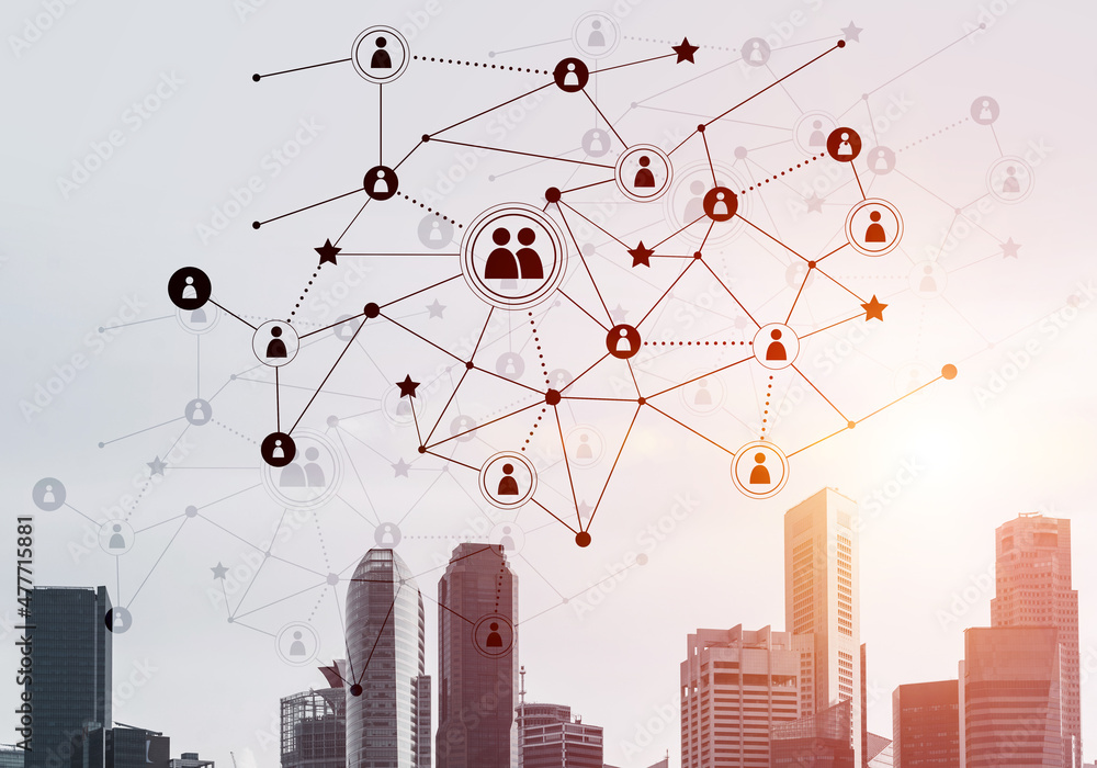 Poster modern city and social net as concept for global networking
