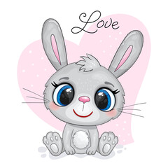 Cute cartoon rabbit with big eyes on a background with heart . Good for greeting cards, invitations, decoration, Print for Baby Shower etc. Hand drawn vector illustration with bunny cute print