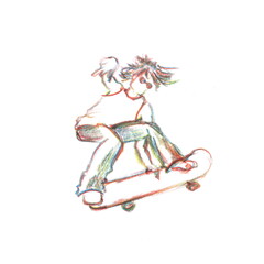Hand drawn linear pencil illustration in sketch style. A young teenager skater is jumping. Summer activities. Use for prints on clothes and for the design of posters.