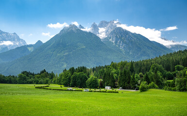 Idyllic campsite in Bavaria in front of the impressive Hochkalter mountain range, Ramsau, Bavaria, Germany