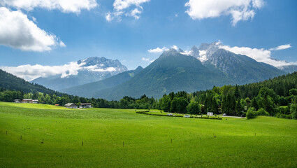 Bavaria in summer, Hochkalter and Watzmann mountain range, Ramsau, Bavaria, Germany - obrazy, fototapety, plakaty
