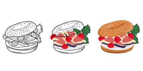 Set of bagel sandwich isolated on white background with cream cheese, figs, raspberries and mint. Linear style. Hand-drawn. Doodle. For web design, icons, packaging, menu or interior design.