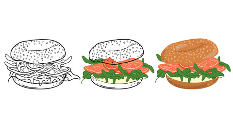 Set bagels sandwich with salmon, cream cheese and arugula isolated on white background. Linear style. Hand-drawn. Doodle. For web design, icons, packaging, menu or interior design.