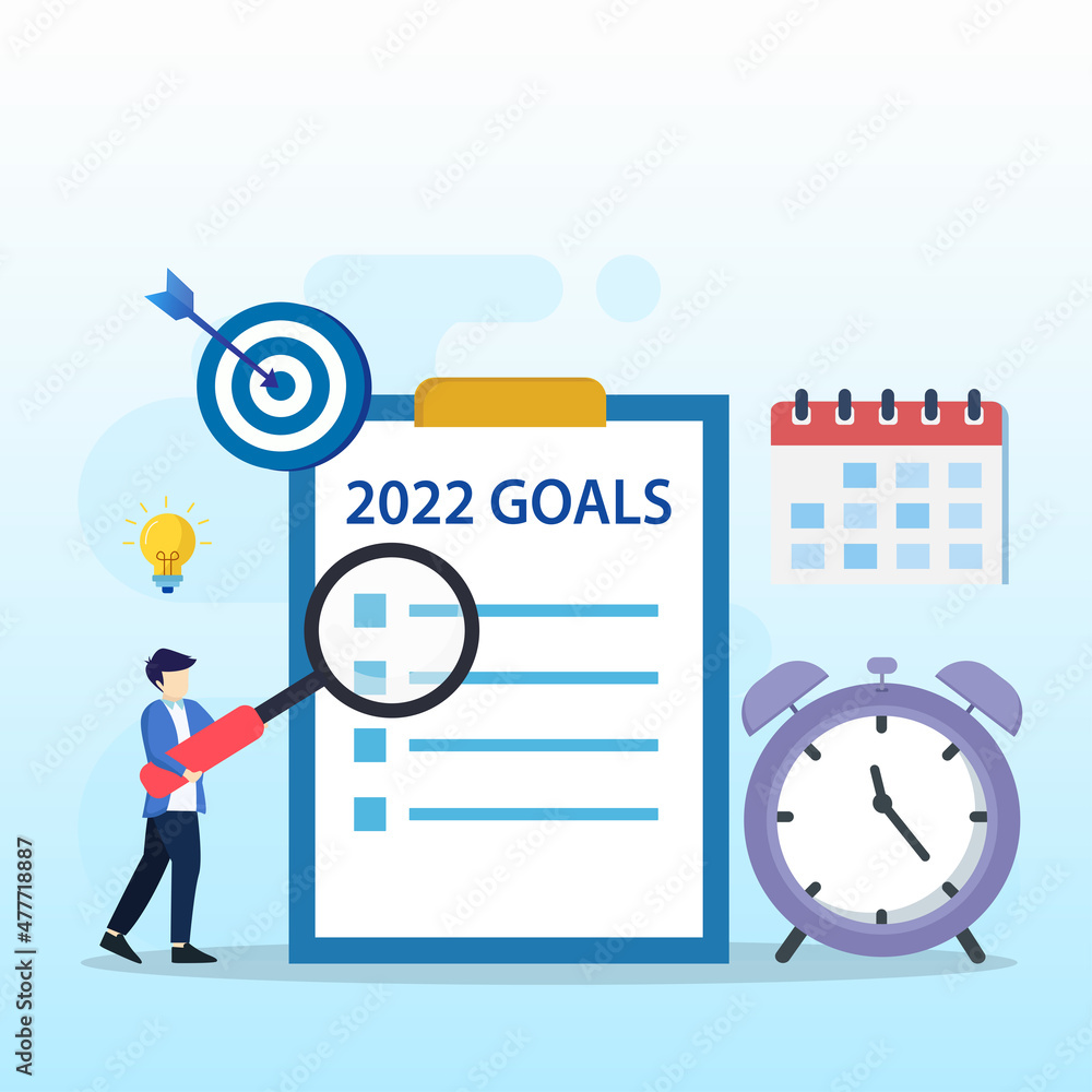 Poster 2022 goals vector concept. business people showing 2022 goals list, flat vector template style suita