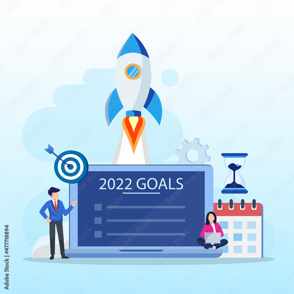 Poster 2022 goals vector concept. business people showing 2022 goals list, flat vector template style suita