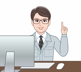 青い作業着の男性