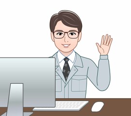 青い作業着の男性