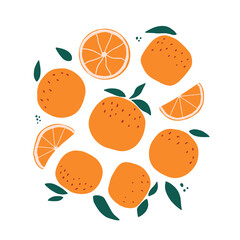 set of hand drawn oranges decorated with leaves isolated on white background. Good for stickers, prints, cards, posters, banners, product's decor, packaging, etc. EPS 10