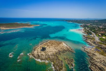 Acrylic prints La Pelosa Beach, Sardinia, Italy Aerial view of nuraghe in a island in Mediterranean sea next to Sardinia coast