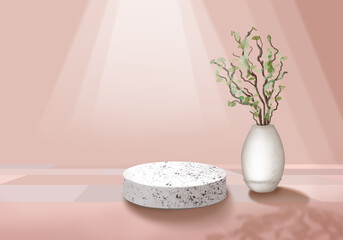 Stone podium. Exhibition stand of cosmetic products. Vase with a branch and green leaves. 3D rendering. Peach backdrop