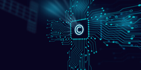Copyright Symbol is Reflecting Over Futuristic Electronic Circuit