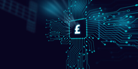 British Pound Symbol is Reflecting Over Futuristic Electronic Circuit