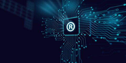 Registered Symbol is Reflecting Over Futuristic Electronic Circuit