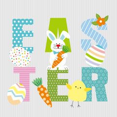 easter lettering with bunny, chick, carrot and egg for easter card