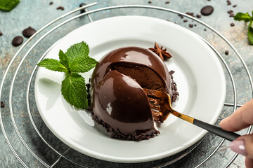 Chocolate glazed mini cake dessert, cheesecake, trifle, mous