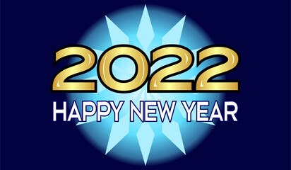 The word 2022 is in gold color and a dark blue background with fireworks eruption elements. Happy new year 2022 vector writing. Cool and minimalistic text template.