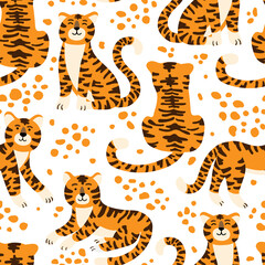 Cute tigers vector seamless pattern. Show of circus animals. Fashionable texture. Design for fabric, wallpaper, wrapping paper, invitation card, scrapbook paper. © Iryna