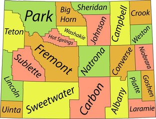 Pastel vector administrative map of the Federal State of Wyoming, USA with black borders and name tags of its counties