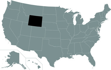 Black highlighted location administrative map of the US Federal State of Wyoming inside gray map of the United States of America