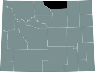 Black highlighted location map of the Sheridan County inside gray administrative map of the Federal State of Wyoming, USA