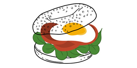 Bagel sandwich on white background with egg, tomato and spinach isolated. Copy space. For web design, icons, packaging, menu or interior design.