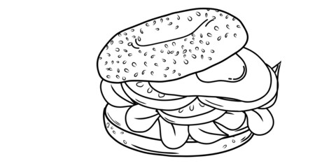  bagels sandwich with egg, tomato and spinach isolated on white background. Linear style. Hand-drawn. Doodle. For web design, icons, packaging, menu or interior design.