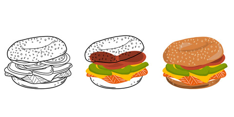 Set bagels sandwich with salmon, cheese, tomato and avocado isolated on white background. Linear style. Hand-drawn. Doodle. For web design, icons, packaging, menu or interior design.