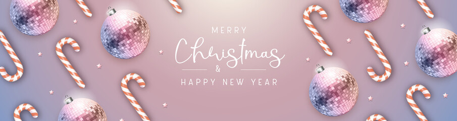 Merry Christmas and happy New Year poster with candy cane and christmas holiday decorations. Christmas holiday background. Vector illustration