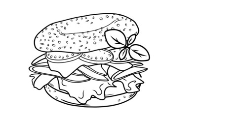 Bagel sandwich with ham, cheese, tomato, basil and lactuca sativa isolated on white background. Linear style. Hand-drawn. Doodle. For web design, icons, packaging, menu or interior design.