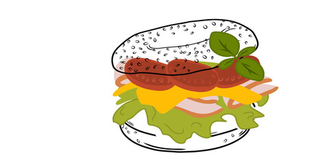 Bagel sandwich with cheese, ham, tomato, basil and lactuca sativa isolated on white background. Linear style. Hand-drawn. Doodle. For web design, icons, packaging, menu or interior design.