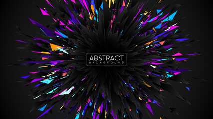 Abstract futuristic black explosion with colorful sharp triangles. Mystical background with broken dark geometric triangular shapes. Vector illustration - obrazy, fototapety, plakaty