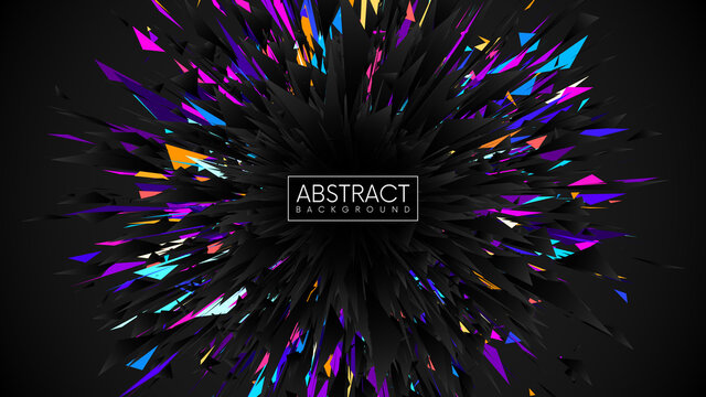 Abstract futuristic black explosion with colorful sharp triangles. Mystical background with broken dark geometric triangular shapes. Vector illustration