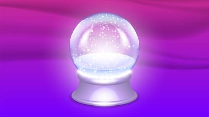 3D glass transparent glowing empty ball with sparks and snow on a light stand. A sample of a festive sphere on a wavy purple background