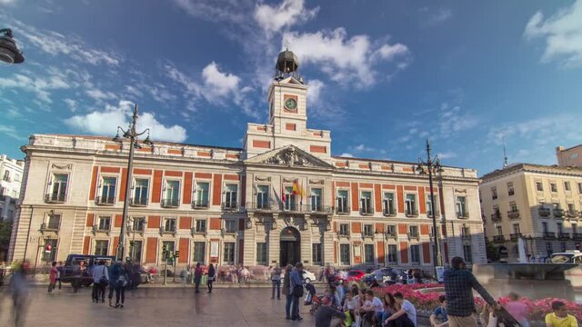 The Old Post Office building timelapse hyperlapse. Located in the Puerta del Sol. Madrid, Spain