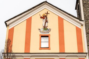 Facade of the catholic Church of Saints Rocco and Sebastiano in Gorduno, district of Bellinzona, Ticino, Switzerland.