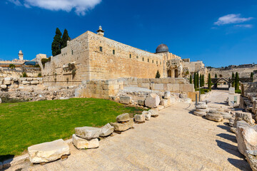 South-eastern corner of Temple Mount walls with Al-Aqsa Mosque and Davidson Center excavation archeological park in Jerusalem Old City in Israel
