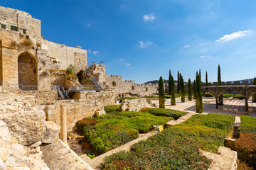 Umayyad Palace Garden archeological park at south wall of Temple Mount and Al-Aqsa Mosque in Jerusalem Old City in Israel