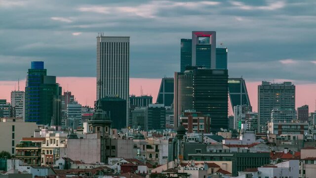 Madrid Skyline at sunset timelapse with some emblematic buildings such as Kio Towers