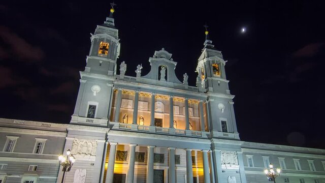 Santa Maria la Real de La Almudena in night timelapse hyperlapse in Madrid, Spain