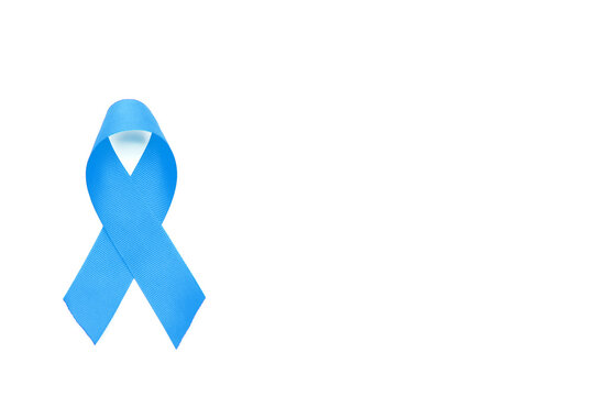 Light blue ribbon on a white background. World Prostate and Rectal Cancer Day. men's and father's day.Bulimia. Awareness of child abuse.A symbol of social and medical problems.Copyspace.