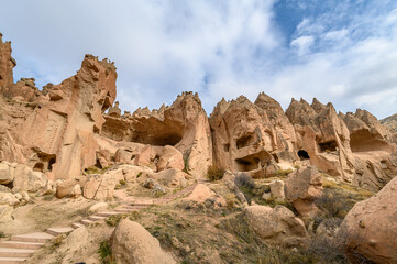 Fototapeta premium Zelve Valley in Goreme, Cappadocia, Turkey. Cave town and houses at rock formations. 