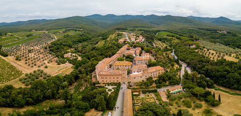 Aerial Drone view Bolgheri dall'alto, Viale dei Cipressi, cypress road and olive trees in Livorno Tuscany, Italy - obrazy, fototapety, plakaty