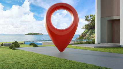 Luxury beach house with location pin icon on concrete road in real estate sale or property investment concept. Buying land for new home. 3d illustration of big red map pointer symbol near building.