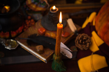 Magic scene, Mystical atmosphere, view of candles on the table, esoteric concept, fortune telling and predictions