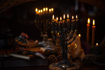 Magic scene, Mystical atmosphere, view of candles on the table, esoteric concept, fortune telling and predictions